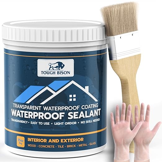 Tough Bison Clear Waterproof Sealant – Water-Based Transparent Waterproof Coating Acrylic Paste for Leakage for Roofs, Walls, Windows, Bathroom, Wood, Concrete, Tile, Metal, Indoor & Outdoor, Non-Toxic, 35oz, 1KG