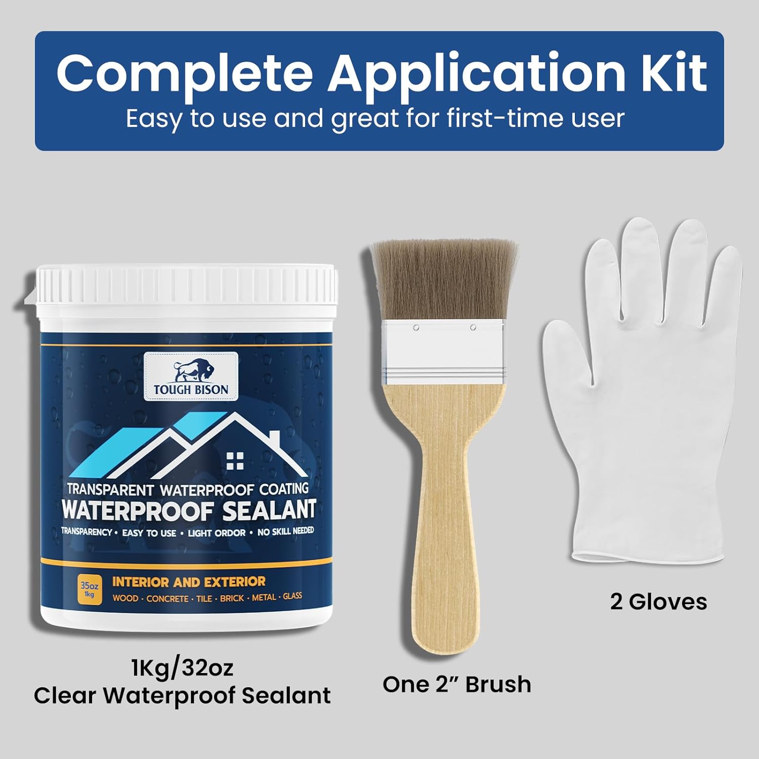 Tough Bison Clear Waterproof Sealant – Water-Based Transparent Waterproof Coating Acrylic Paste for Leakage for Roofs, Walls, Windows, Bathroom, Wood, Concrete, Tile, Metal, Indoor & Outdoor, Non-Toxic, 35oz, 1KG
