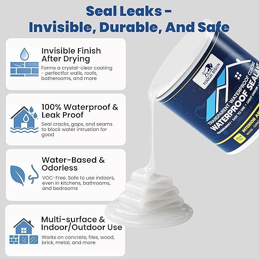 Tough Bison Clear Waterproof Sealant – Water-Based Transparent Waterproof Coating Acrylic Paste for Leakage for Roofs, Walls, Windows, Bathroom, Wood, Concrete, Tile, Metal, Indoor & Outdoor, Non-Toxic, 35oz, 1KG