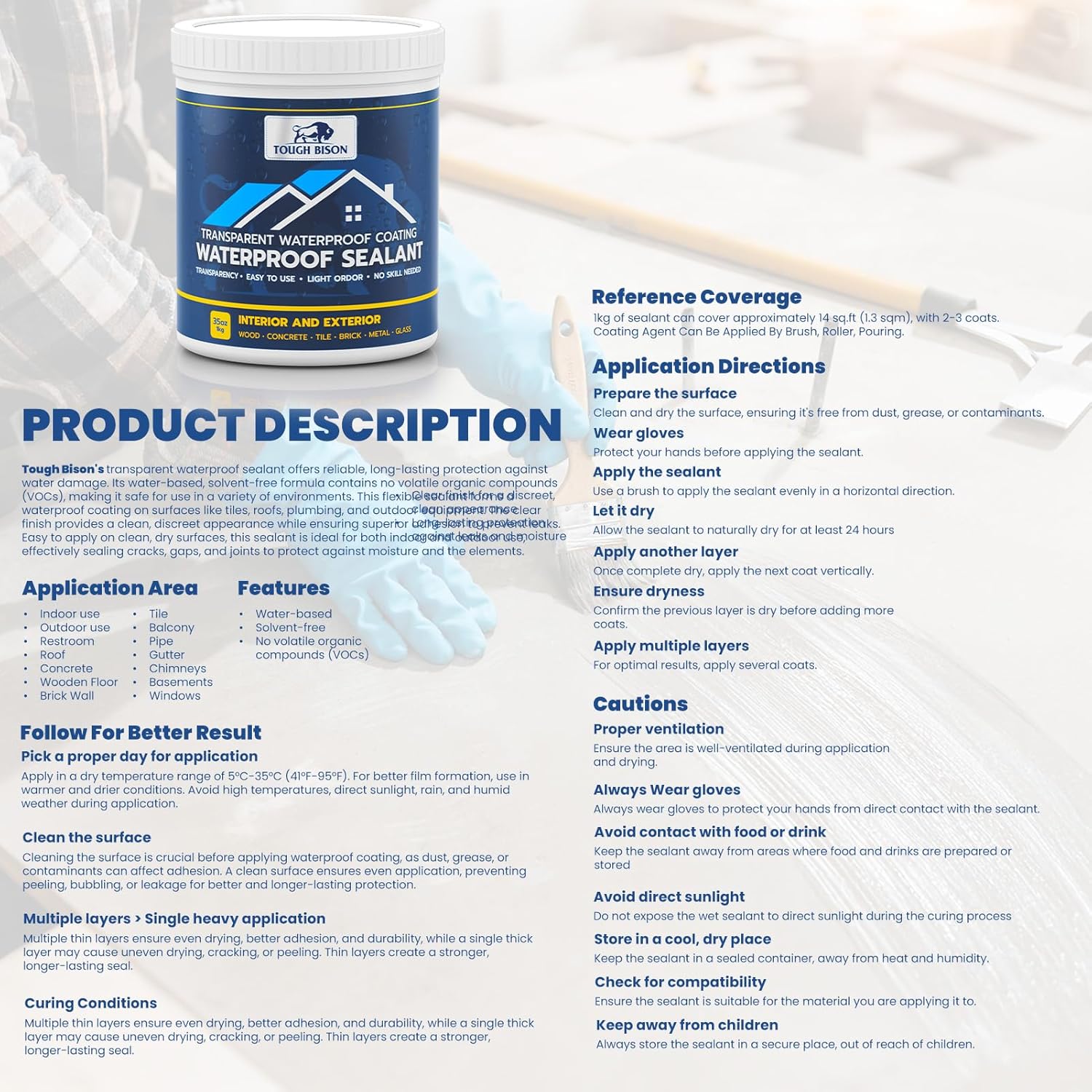 Tough Bison Clear Waterproof Sealant – Water-Based Transparent Waterproof Coating Acrylic Paste for Leakage for Roofs, Walls, Windows, Bathroom, Wood, Concrete, Tile, Metal, Indoor & Outdoor, Non-Toxic, 35oz, 1KG