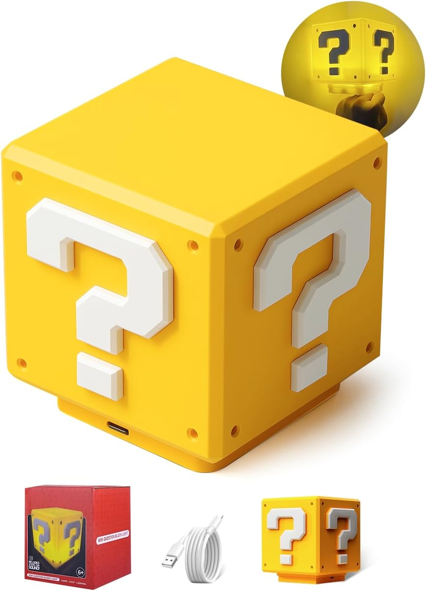 Super Bros Toys Mario Night Light for Kids, Controllable Coin Sound Question Square Brick LED Night Lamp Beside Lamp Gifts for Kids & Game Fans Room Decor